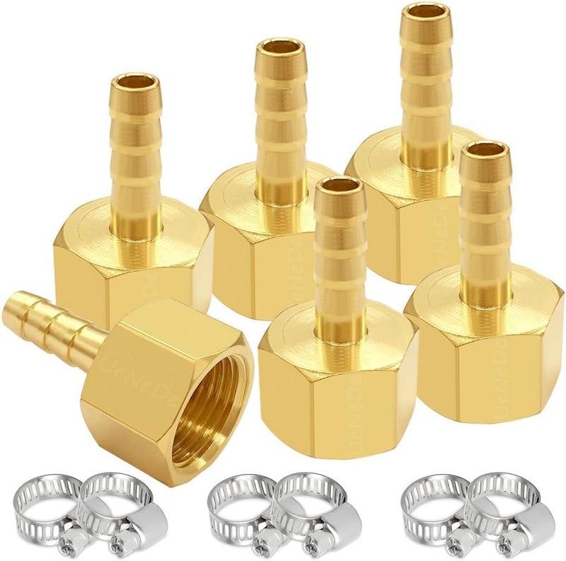 Uenede Brass Hose Barb Fittings 3/8" NPT Female to 5/16" Barb Adapter Connector Include 6 Clamps for Water/Oil/Gas (Pack of 6) - Image 1